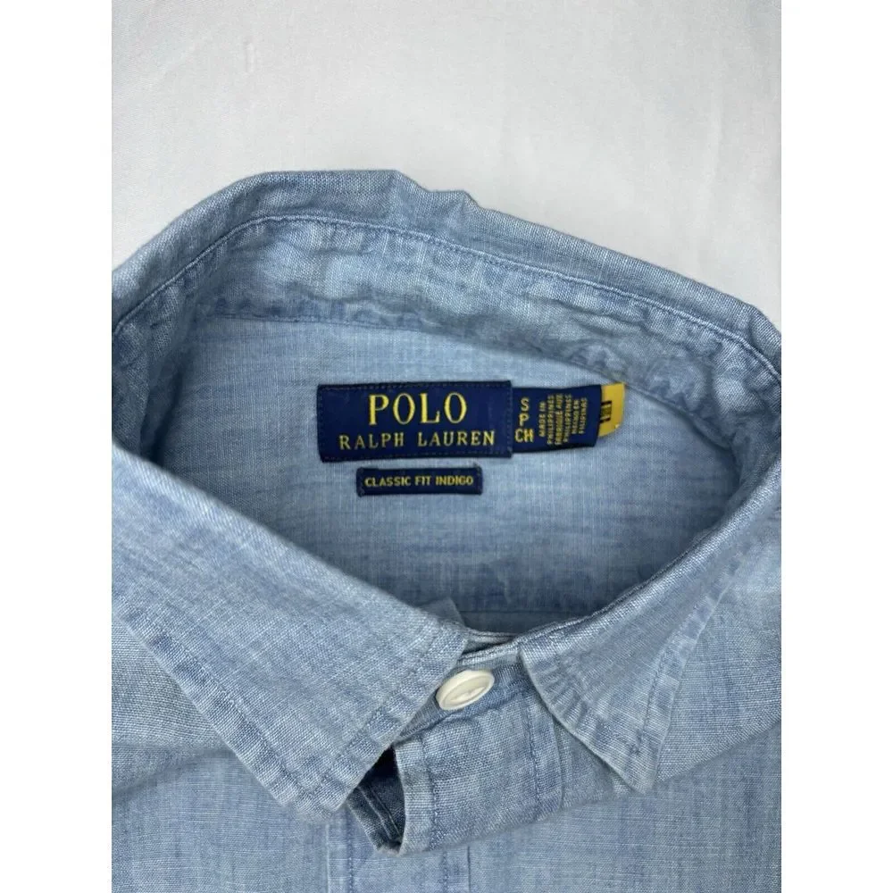 Polo Ralph Lauren Chambray Graphic Work Shirt Small Classic Fit Indigo Button Up